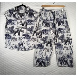The Cat's Pajamas Set Womens M Elephant Toile Safari Cotton Blue White Quiet Lux